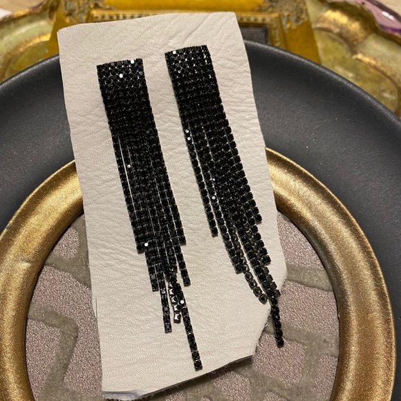 BLACK RHINESTONE CRYSTAL DANGLE 80S 90S - Picture 3 of 13